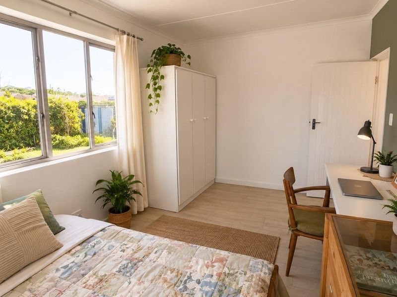 A bright and well-maintained bedroom featuring laminate flooring, a built-in wardrobe, and large windows providing natural light and garden views.