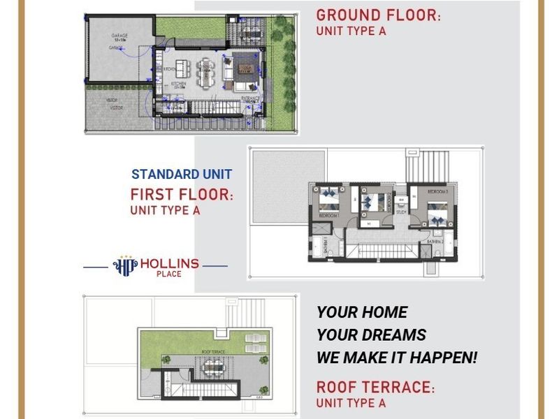Architectural floor plan for Hollins Place Unit Type A, detailing the ground floor, first floor, and roof terrace layout.