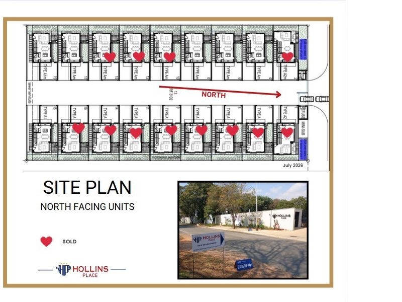 A site plan showing the layout of the townhouse development, including unit positioning and orientation.
