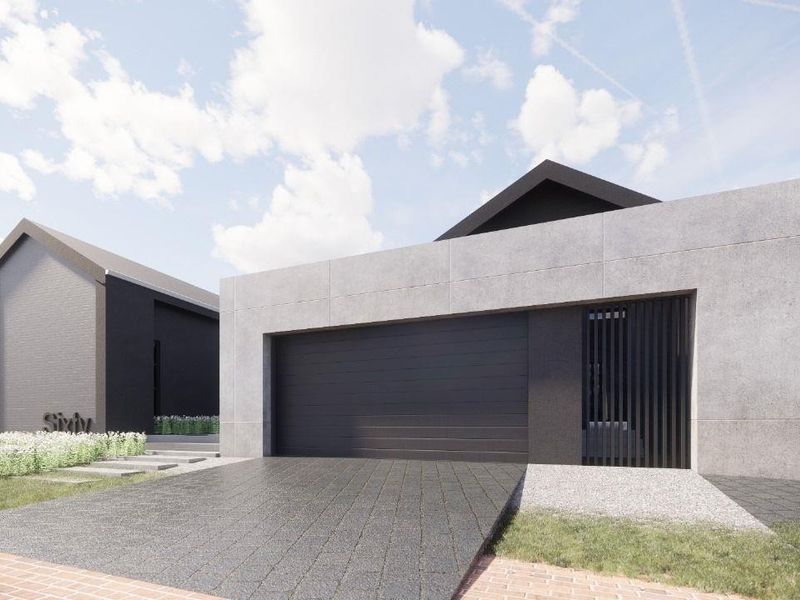 Modern architectural front elevation featuring a sleek concrete facade, double garage, and clean, contemporary landscaping.