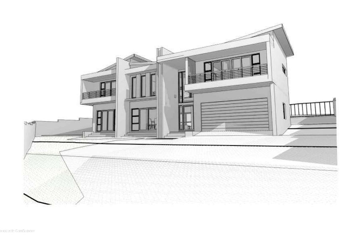 Architectural 3D rendering of a modern double-story residential property featuring a double garage and upper-level balconies.