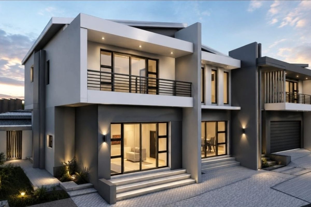 Modern double-story residential facade featuring clean architectural lines, a private balcony, large sliding glass doors, and integrated exterior lighting.