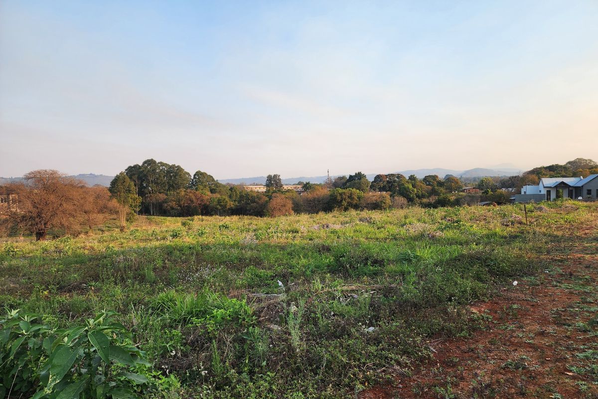 A wide-angle view of an undeveloped residential plot featuring natural vegetation and scenic distant mountain views.