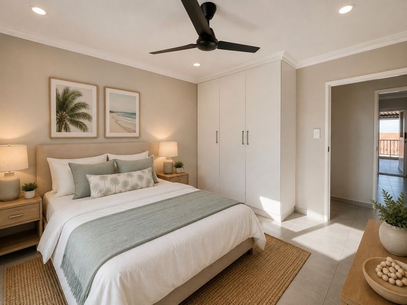 A well-maintained bedroom featuring neutral tones, built-in wardrobes, a modern ceiling fan, and tiled flooring with access to an adjoining balcony.