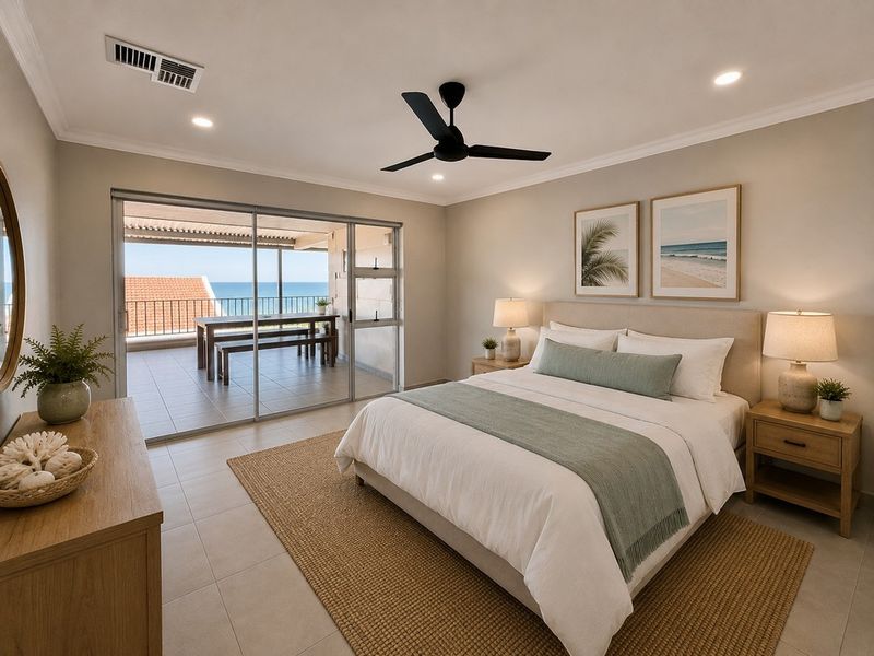 Spacious bedroom featuring neutral tones, tiled flooring, a ceiling fan, and large sliding glass doors opening onto a private balcony with ocean views.
