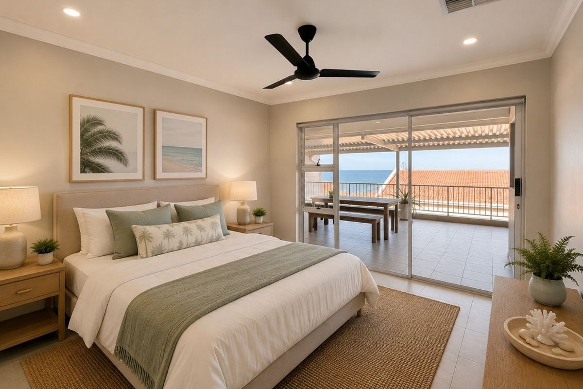 A well-maintained bedroom featuring tiled floors, a ceiling fan, and large sliding glass doors that open onto a balcony with ocean views.