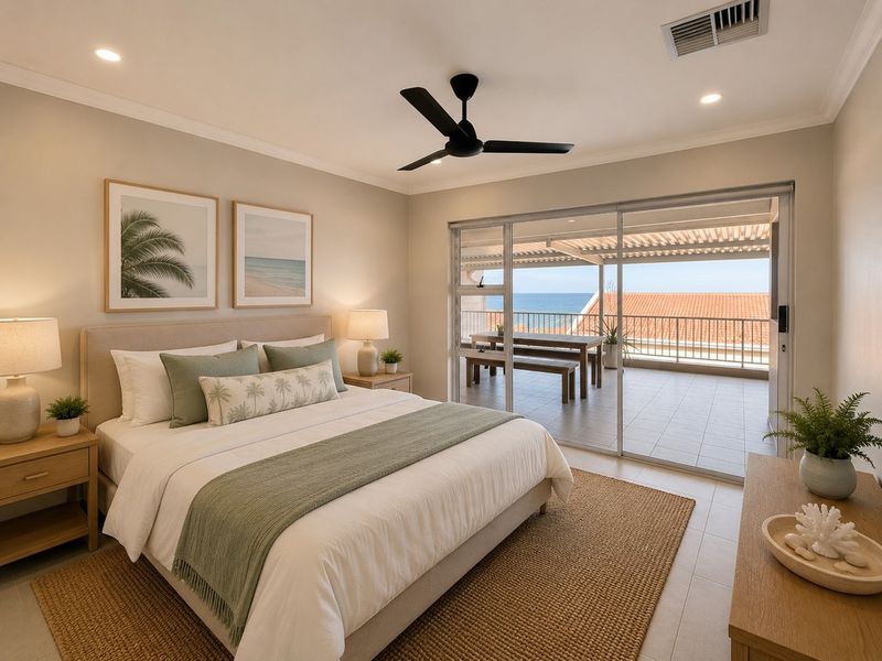 A well-maintained bedroom featuring tiled floors, a ceiling fan, and large sliding glass doors that open onto a balcony with ocean views.