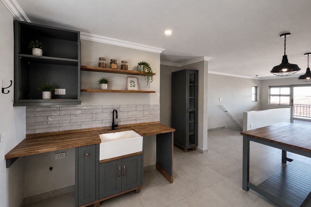 Modern kitchen featuring a farmhouse sink, wooden countertops, subway tile backsplash, and stylish dark cabinetry with open shelving in an open-plan layout.