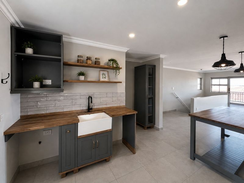 Modern kitchen featuring a farmhouse sink, wooden countertops, subway tile backsplash, and stylish dark cabinetry with open shelving in an open-plan layout.