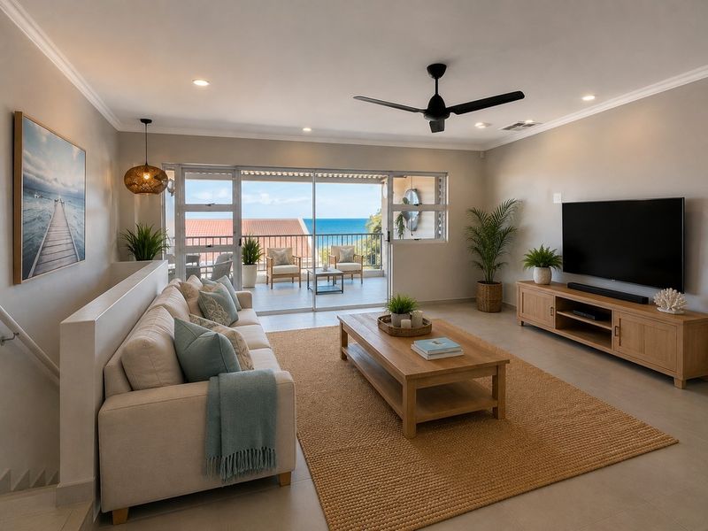 Bright and modern living room featuring recessed lighting, a ceiling fan, and large sliding glass doors opening onto a balcony with ocean views.