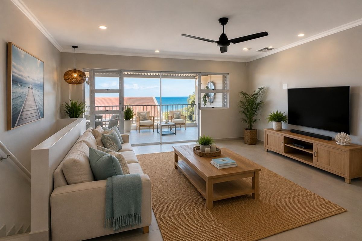Bright and modern living room featuring recessed lighting, a ceiling fan, and large sliding glass doors opening onto a balcony with ocean views.