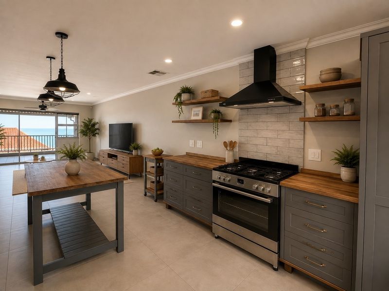 Modern open-plan living area featuring a contemporary kitchen with gas stove, wooden countertops, and seamless flow to a balcony with ocean views.