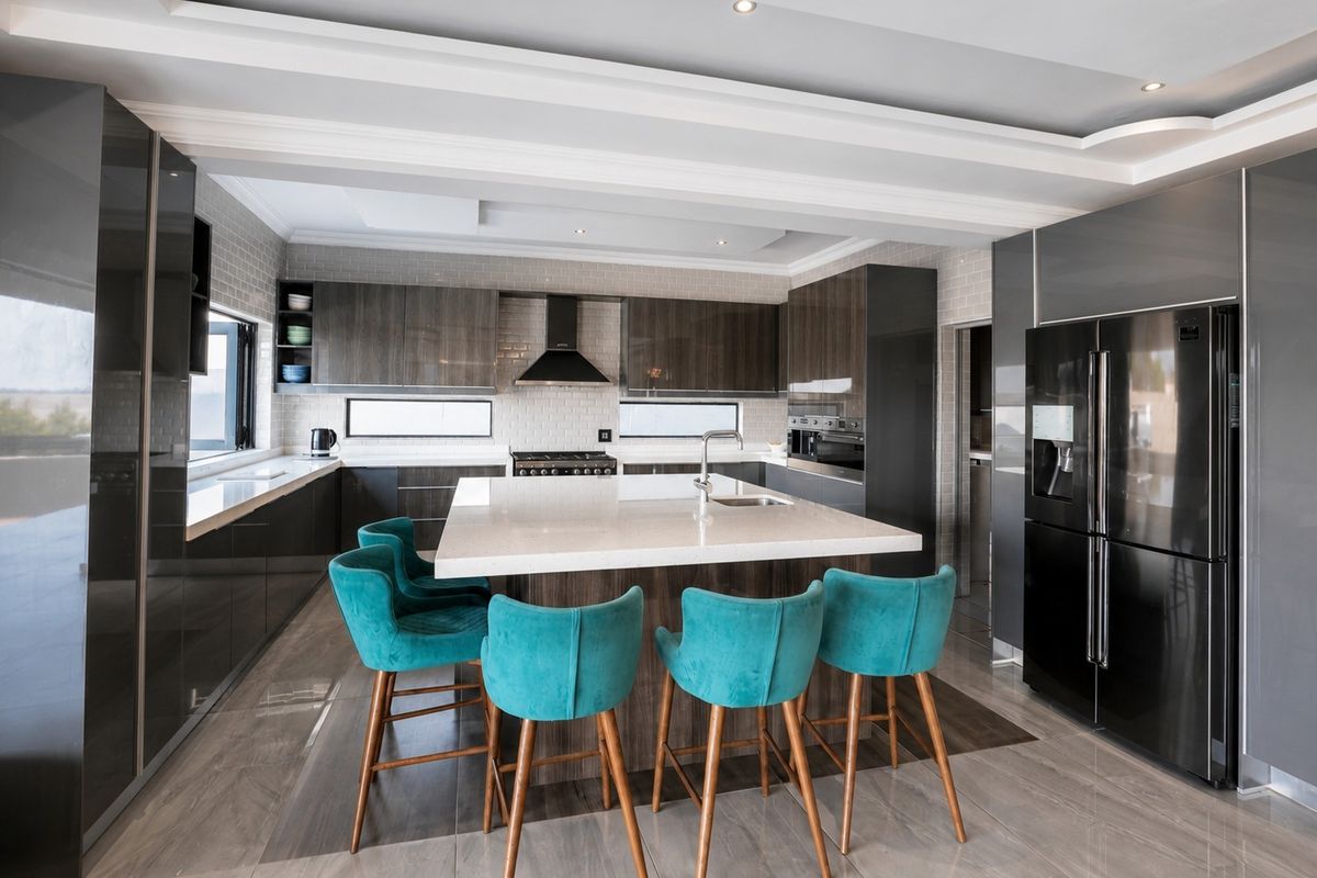 Modern kitchen featuring a large central island with quartz countertops, high-gloss cabinetry, subway tile backsplash, and integrated appliances under a stylish coffered ceiling.
