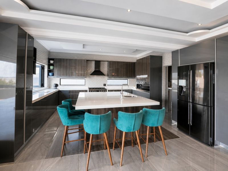 Modern kitchen featuring a large central island with quartz countertops, high-gloss cabinetry, subway tile backsplash, and integrated appliances under a stylish coffered ceiling.