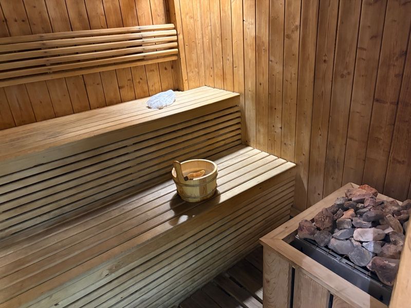 A well-maintained private sauna featuring timber wall paneling, tiered wooden benches, and a dedicated heater with sauna stones.