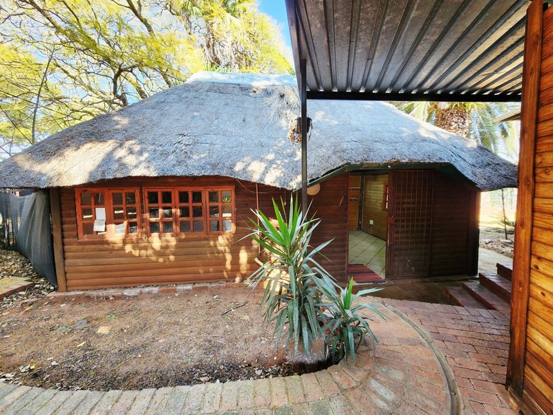Rear view of a timber log cabin featuring a traditional thatch roof, brick paved patio area, and timber-framed windows.