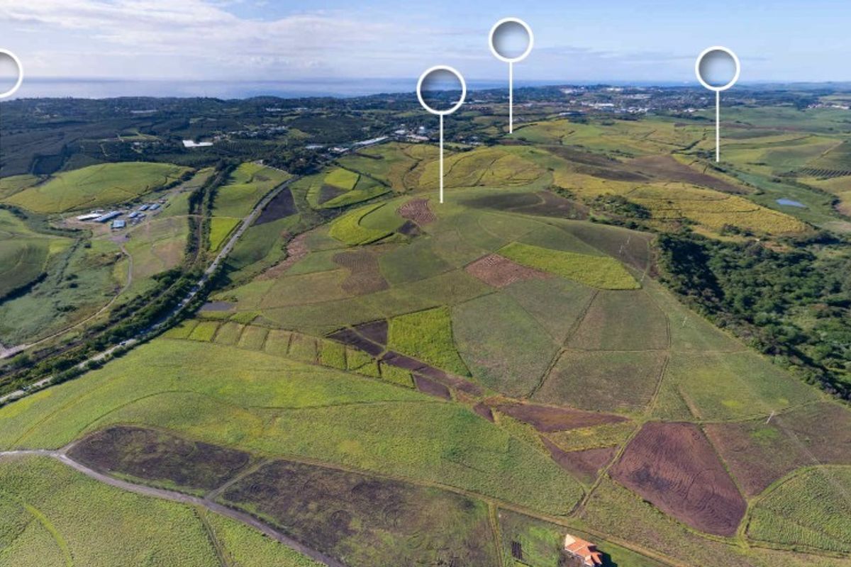 An expansive aerial view of large-scale agricultural land, showcasing the vast open fields and rural landscape of the property.
