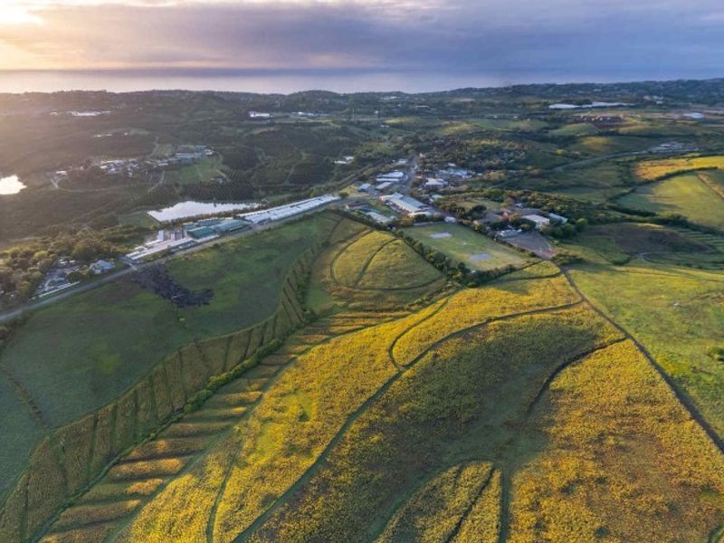 An aerial view of expansive agricultural land featuring terraced fields and surrounding landscape under a sunset sky.