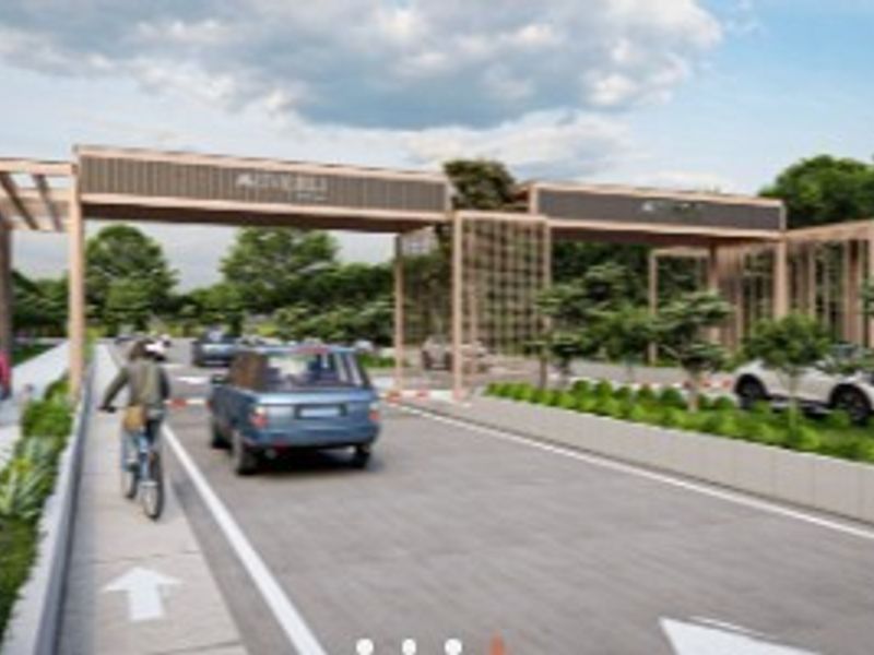 A rendering of the main entrance gate and access road for the agricultural land development.