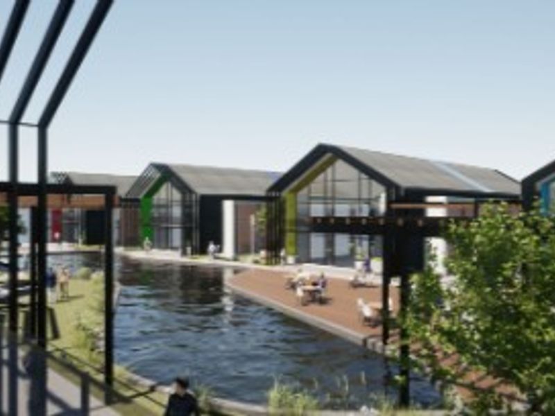 A digital architectural rendering showing a modern development with multiple buildings surrounding a central water feature and landscaped outdoor areas.