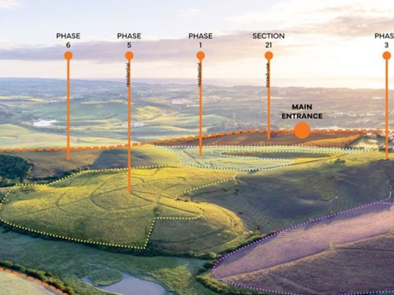 Aerial view of agricultural land showing development phases, main entrance, and proximity to local amenities and trails.
