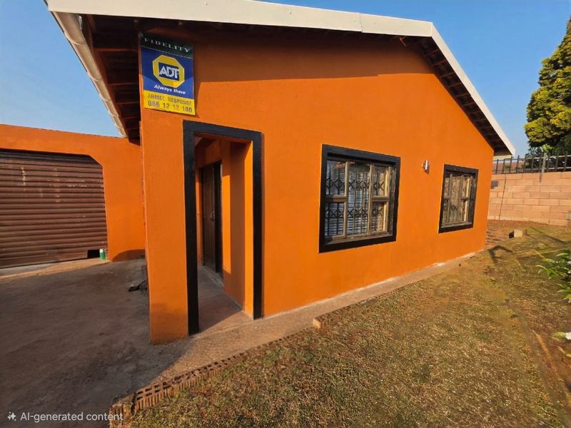 Front exterior view of a residential house featuring orange painted walls, security bars on windows, and an attached garage.