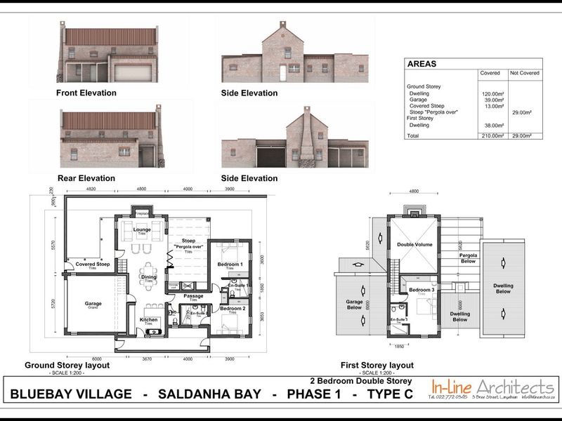 Architectural floor plan and elevation drawings for a two-storey residential property in Bluebay Village, Saldanha Bay.