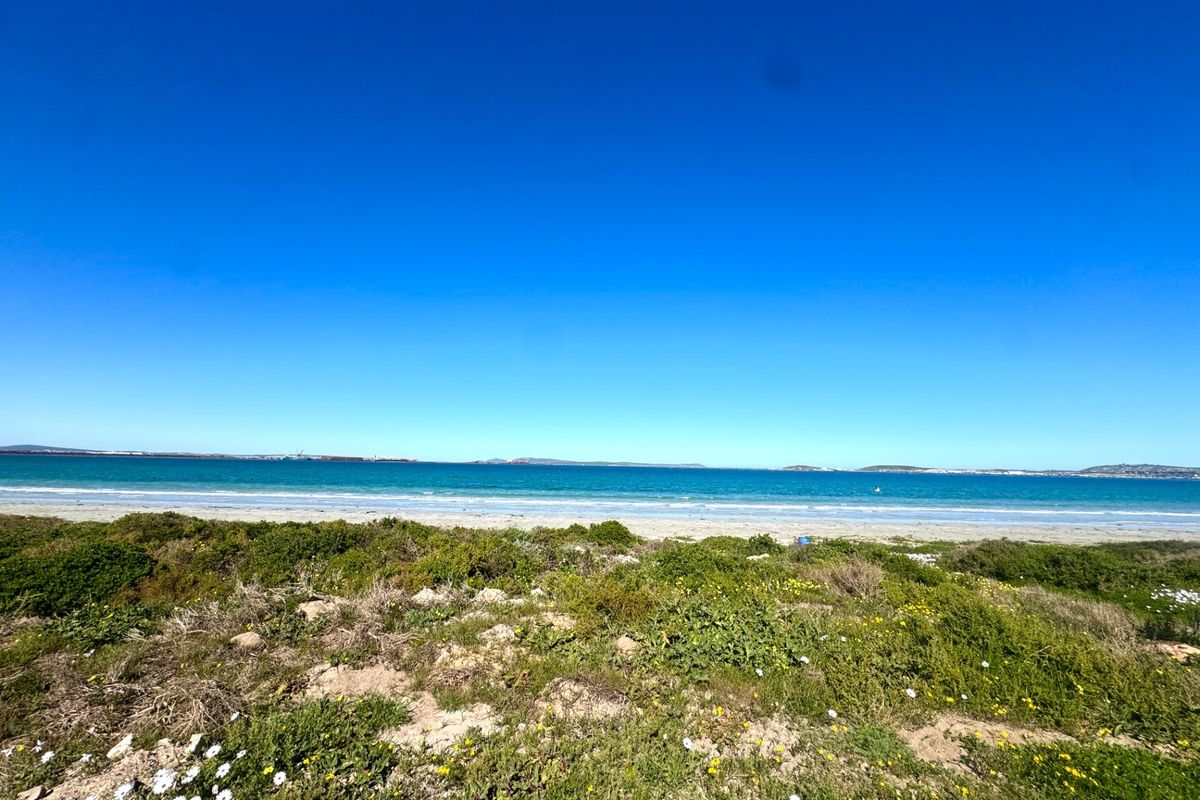A scenic view of the coastline featuring natural vegetation, sandy beach, and clear ocean waters under a bright blue sky.