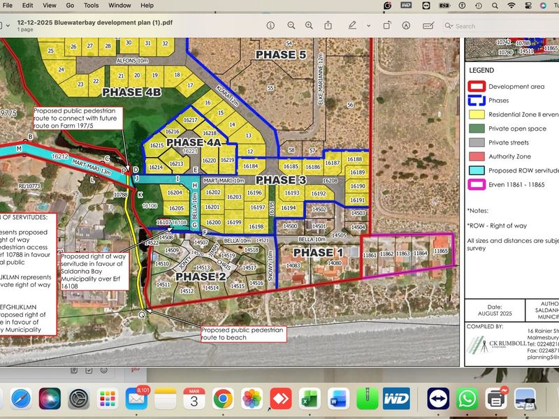A digital site development plan showing residential erven, phases, and proposed servitudes for the Bluewaterbay development.