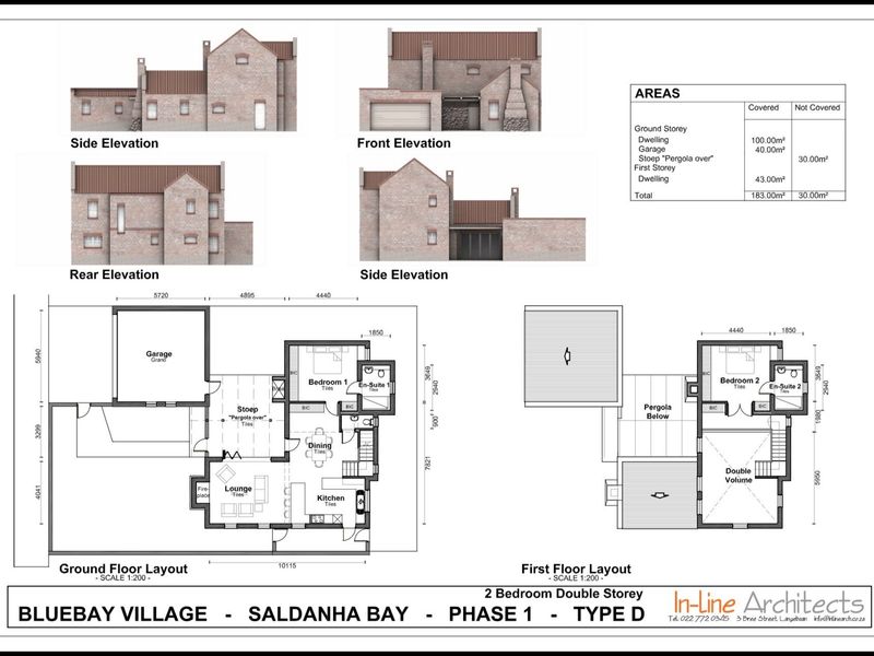 Architectural floor plan and elevation drawings for a two-bedroom double-storey residential property in Bluebay Village, Saldanha Bay.
