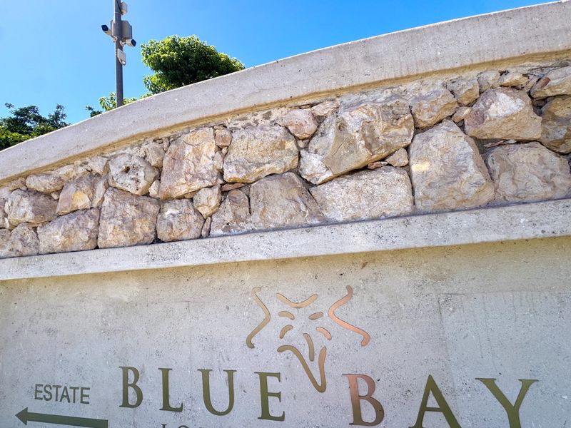 A close-up view of the Blue Bay estate entrance wall featuring decorative stone cladding and integrated security infrastructure.