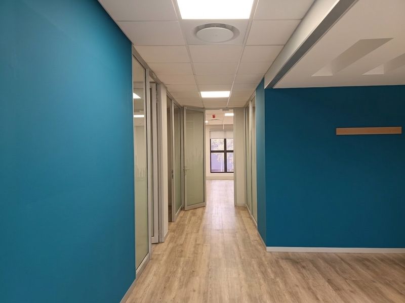 A modern office hallway featuring laminate flooring, suspended ceilings with recessed lighting, and glass partition walls leading to private office spaces.