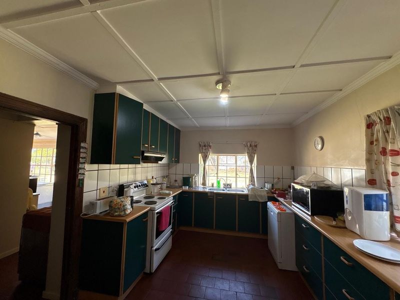 A functional kitchen featuring dark green built-in cabinetry, tiled backsplash, double sink, and a freestanding stove with an extractor fan.