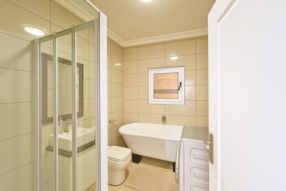 A modern bathroom featuring a glass shower enclosure, a freestanding bathtub, a toilet, and a vanity basin with neutral wall tiling.