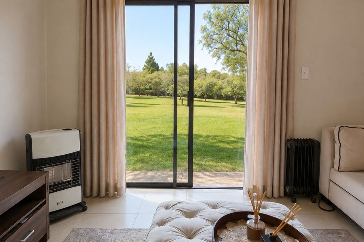 A bright living room featuring large sliding glass doors that provide direct access to a lush green garden view.