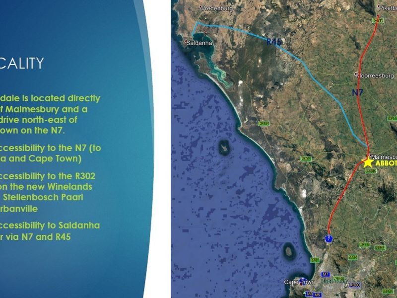 A locality map showing the strategic position of Abbotsdale relative to major transport routes, Cape Town, and surrounding regional hubs.