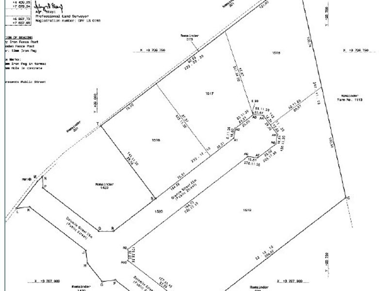 A professional land surveyor's diagram detailing the boundaries, beacons, and layout of the agricultural land parcel.