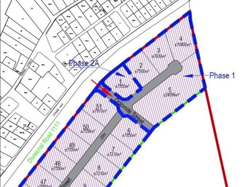 A detailed site layout plan showing the subdivision of agricultural land into multiple plots, including road access and phase development boundaries.