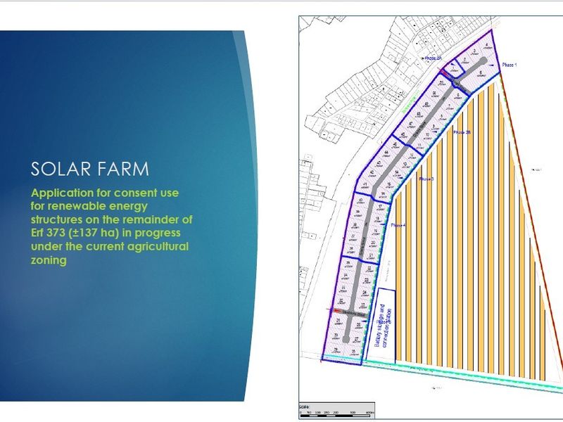 A site development plan for a proposed solar farm on a 137-hectare agricultural property, showing phased layout and infrastructure zones.