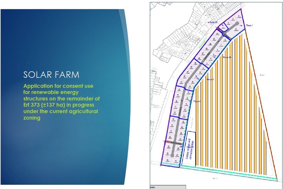 A site development plan for a proposed solar farm on a 137-hectare agricultural property, showing phased layout and infrastructure zones.