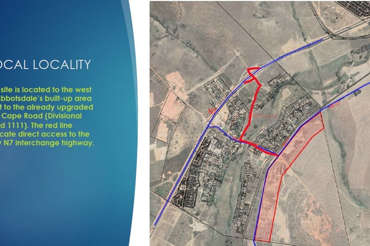 An aerial locality map showing the site's position relative to the N7 interchange and Old Cape Road in Abbotsdale.
