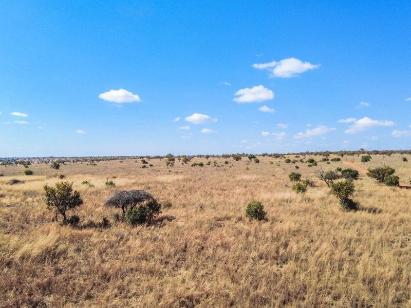 An aerial view of a large, open residential vacant land plot featuring native vegetation and a dirt access road.