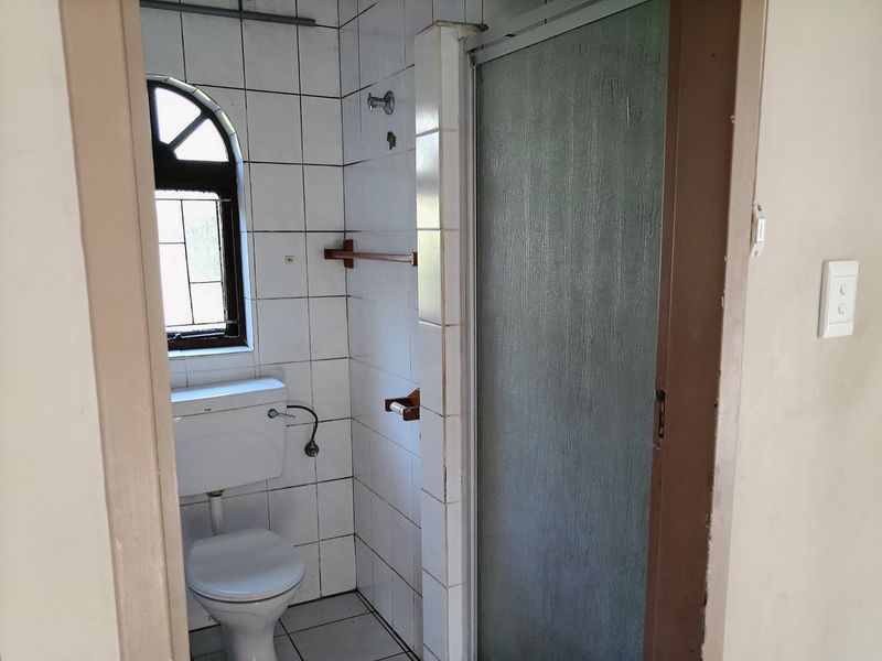 A dated bathroom featuring a toilet, shower enclosure, and tiled walls with an arched window.