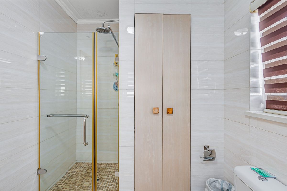 Modern bathroom featuring a glass-enclosed shower with a rain shower head, mosaic floor tiling, and a built-in storage cupboard.