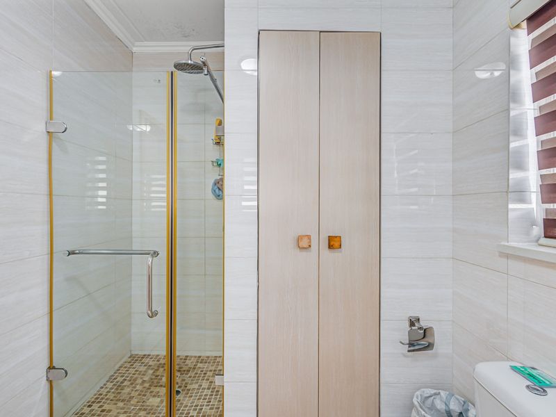 Modern bathroom featuring a glass-enclosed shower with a rain shower head, mosaic floor tiling, and a built-in storage cupboard.