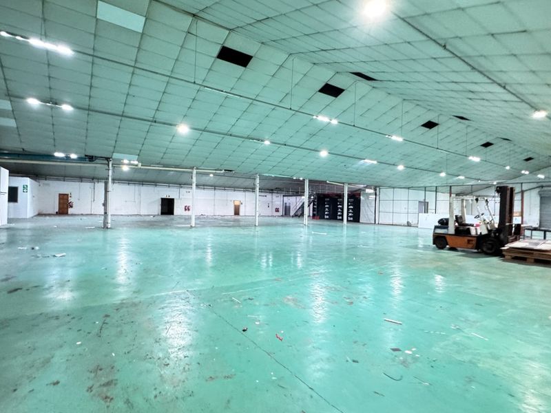 Large open-plan industrial warehouse space featuring high ceilings, epoxy-coated concrete flooring, and industrial lighting, suitable for storage or manufacturing operations.