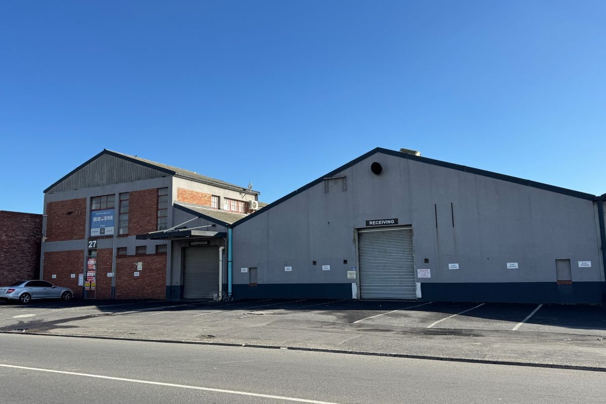 Industrial property exterior featuring multiple roller shutter doors for receiving and dispatch, with an asphalt driveway and brick and concrete facade.