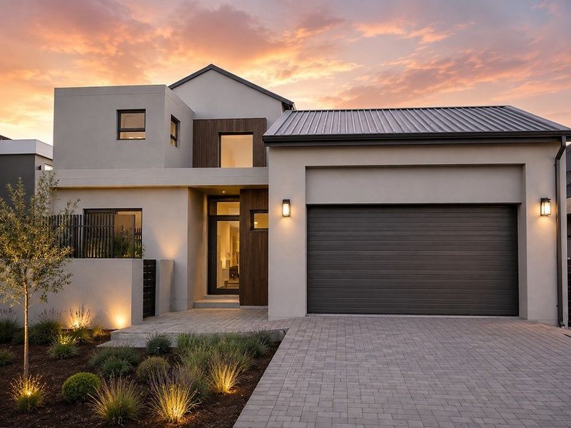 Modern contemporary double-storey home featuring a double garage, paved driveway, and elegant exterior lighting at dusk.