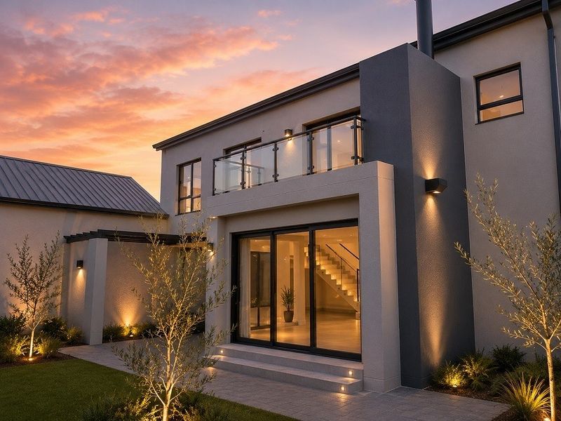 Modern rear elevation featuring a glass-balustrade balcony, large sliding doors, paved patio area, and integrated exterior lighting at dusk.