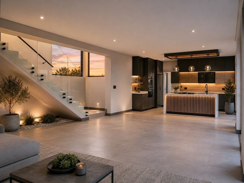 Modern open-plan living area featuring a sleek kitchen with island, integrated appliances, and a striking glass-railed staircase with ambient lighting.
